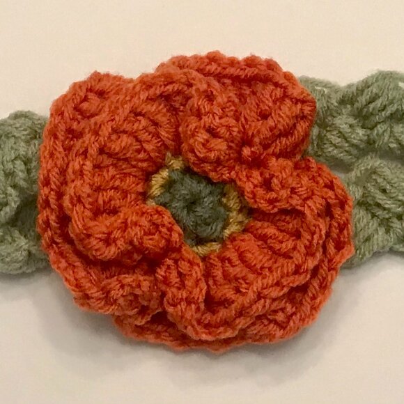 New Baby Headband Floral Orange & Green Poppy Handmade Fits Baby 6–12 mos. - Picture 1 of 4